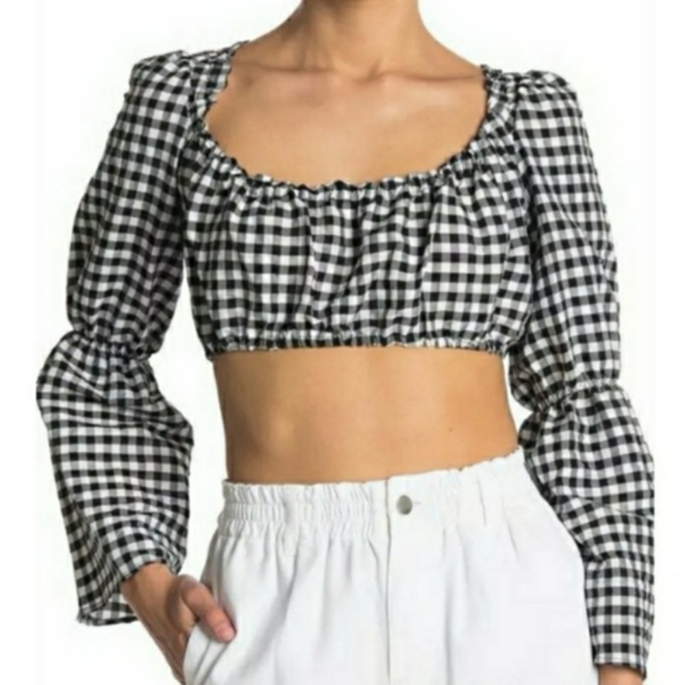 TOPSHOP Black White Gingham Plaid Print Flare Long Sleeve Crop Top 10 NWT